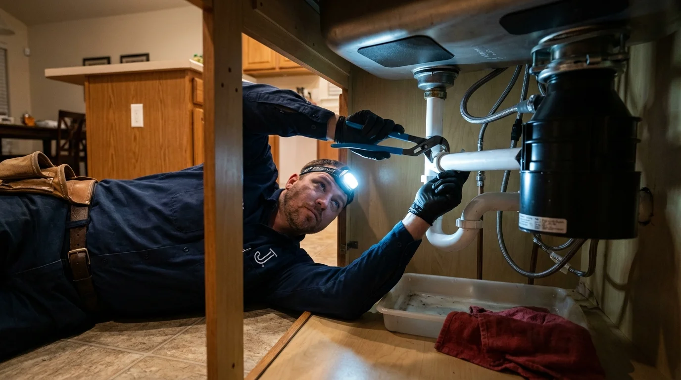 P-trap and supply line connections under a kitchen sink showing a common leak point in Marana, AZ